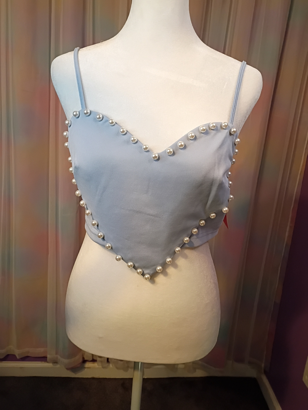 Schein Icon Light Baby Blue Pearl Trim Heart Shaped Crop Top Size Large